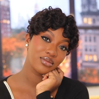 Natural Black Glueless Curly Front & Straight Back Short Bob Wig