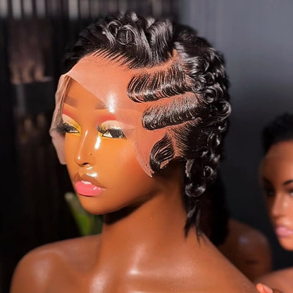 Full Lace Glueless Natural Black Short Pixie Curly Wig