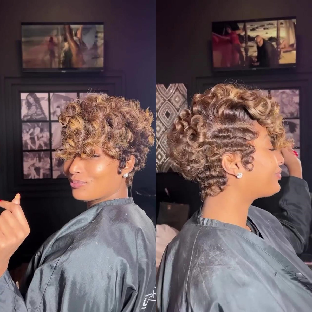 Full Lace Honey Blonde Highlighted/Black Pin Curly Finger Wave Short Glueless Wig