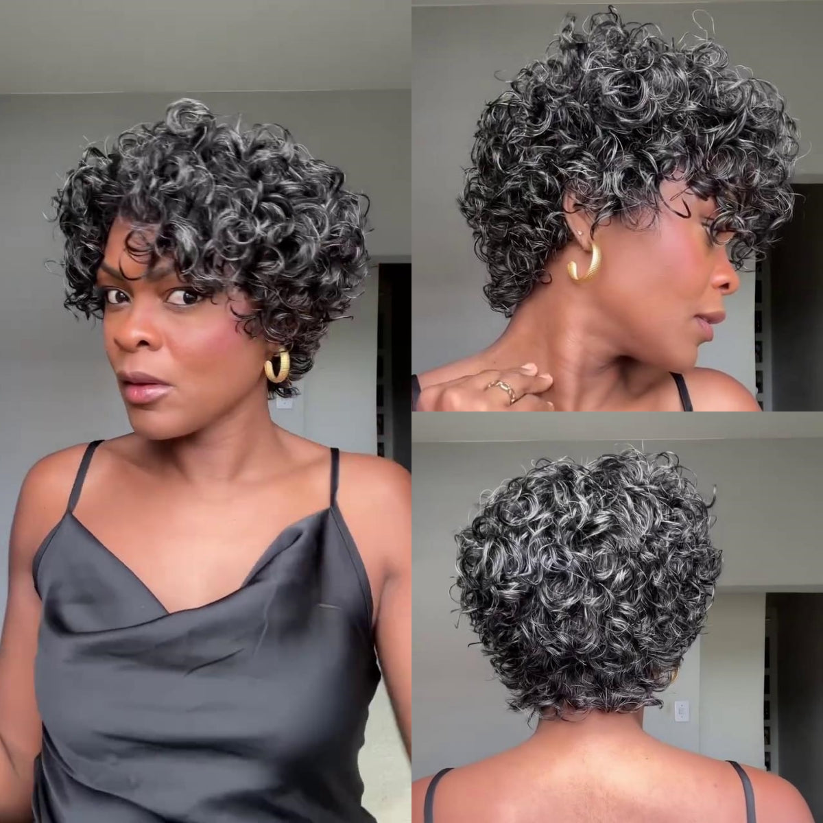 Salt & Pepper Voluminous Short Cut Curly Bob Wig 100% Human Hair