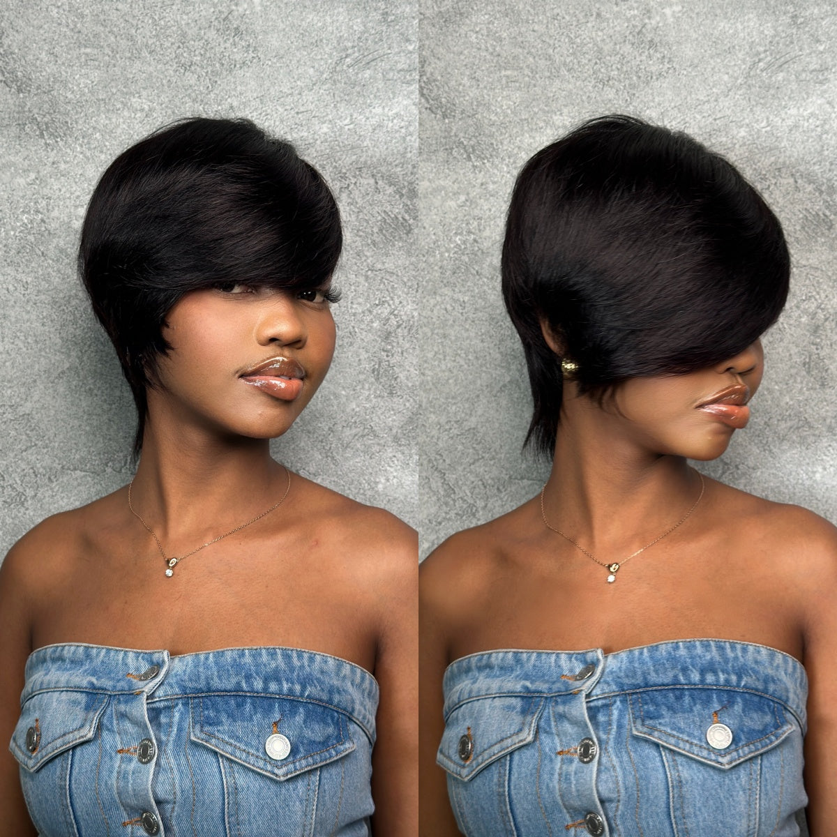 Short Pixie Cut Glueless Human Hair Long Bangs Wig