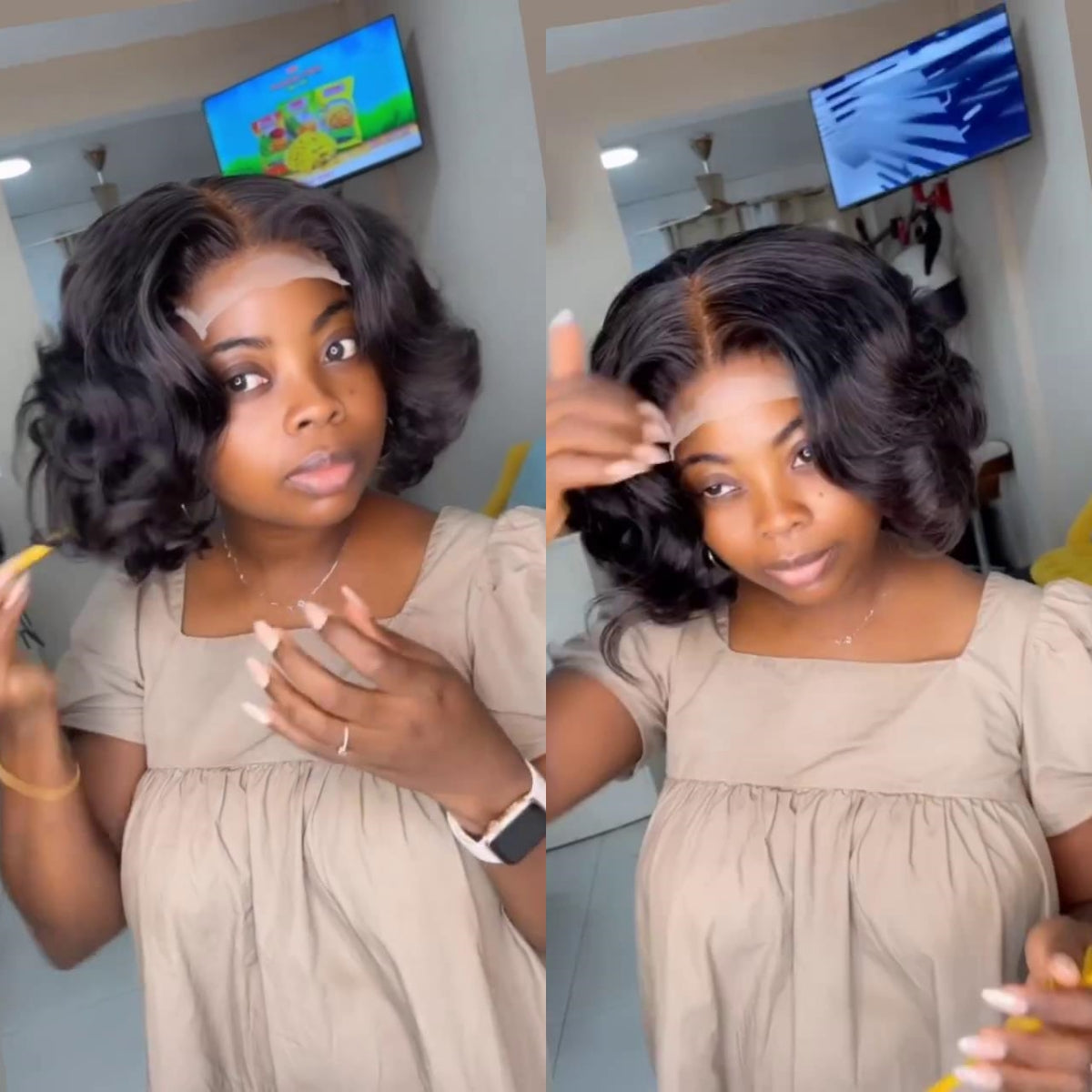 Natural Fluffy Slightly Curly Bob 5×5 Lace Closure Wig