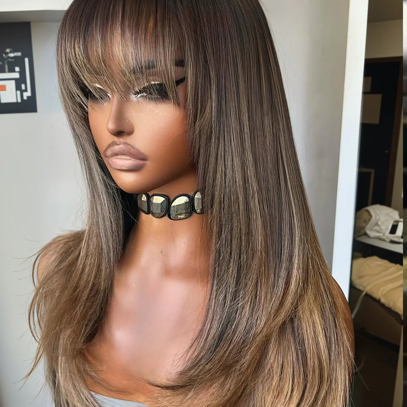 Brown Mix Blonde Highlight With Bang HD Lace Wig