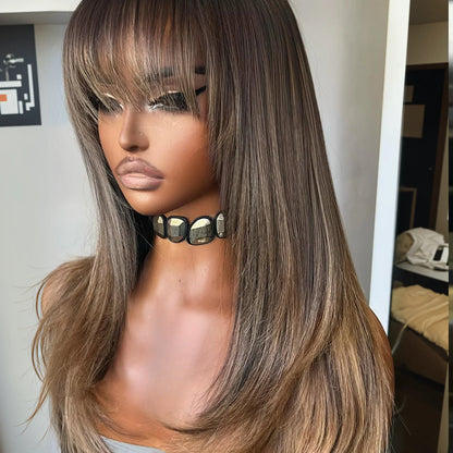 Brown Mix Blonde Highlight With Bang HD Lace Wig