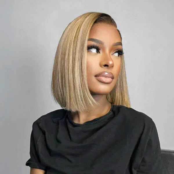 Chic Ash Blonde Highlights 7×5 HD Lace Closure Bob Wig 100% Human Hair