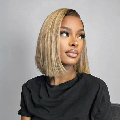 Chic Ash Blonde Highlights 7×5 HD Lace Closure Bob Wig 100% Human Hair