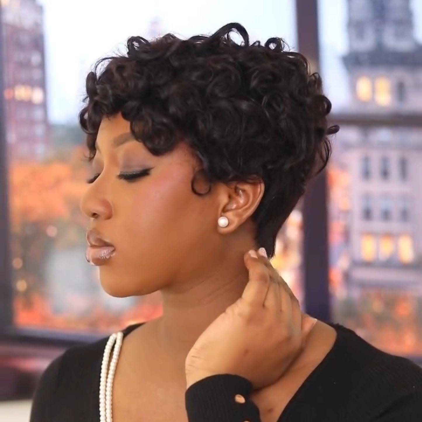 Natural Black Glueless Curly Front & Straight Back Short Bob Wig