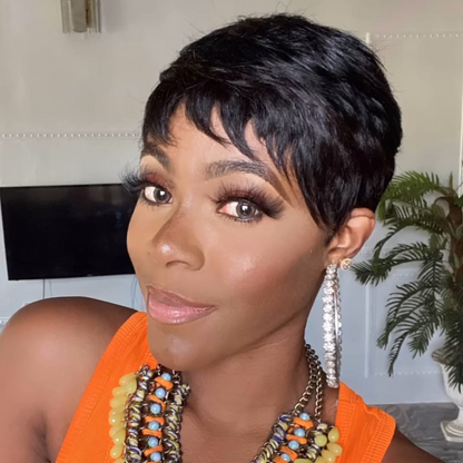 Full Lace Natural Black Short Pixie Cut Hair Wig With Bang