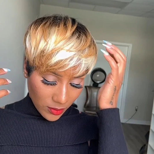 Honey Blonde Highlight Short Cut Glueless Bangs Wig