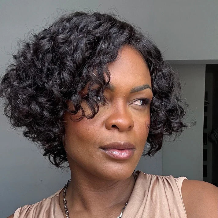 Put on & Go Voluminous Short Cut Curly Bob Wig 100% Human Hair