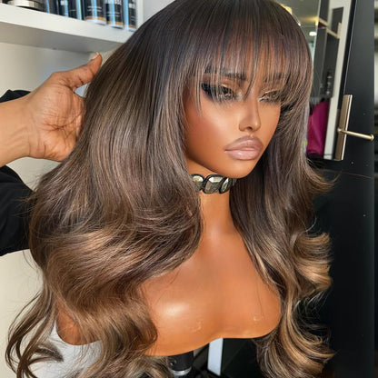 Brown Mix Blonde Highlight With Bang HD Lace Wig