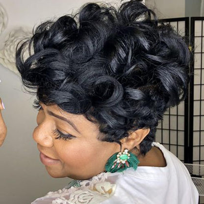 Natural Black Put on  & Go Layered Cut Short Weave Pixie Wig