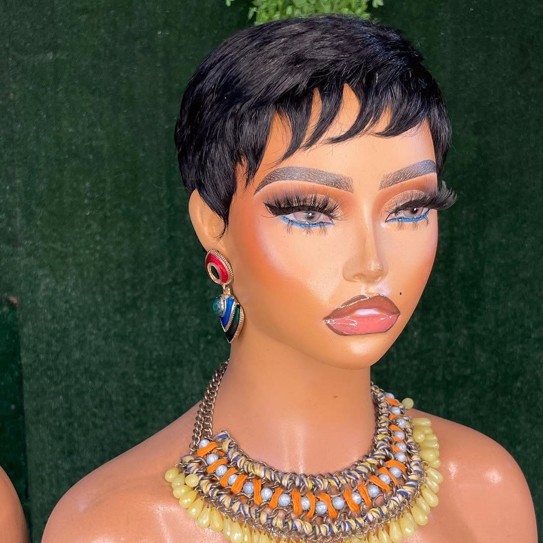 Full Lace Natural Black Short Pixie Cut Hair Wig With Bang