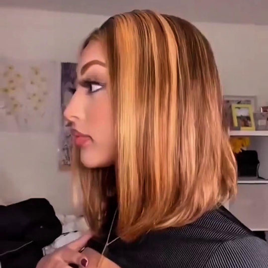 613 Honey Blonde With Light Brown Highlight Bob 5×5 Lace Closure Wig