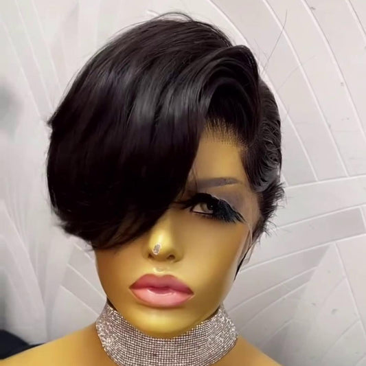 Short Layered Pixie Bob 13×4 Lace Frontal Wig With Side Bangs