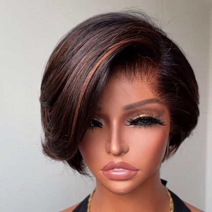 Rich Dark Brown with Copper Highlights 13x4 Lace Frontal Pixie Wig
