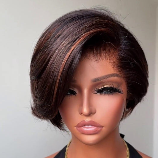 Rich Dark Brown with Copper Highlights 13x4 Lace Frontal Pixie Wig