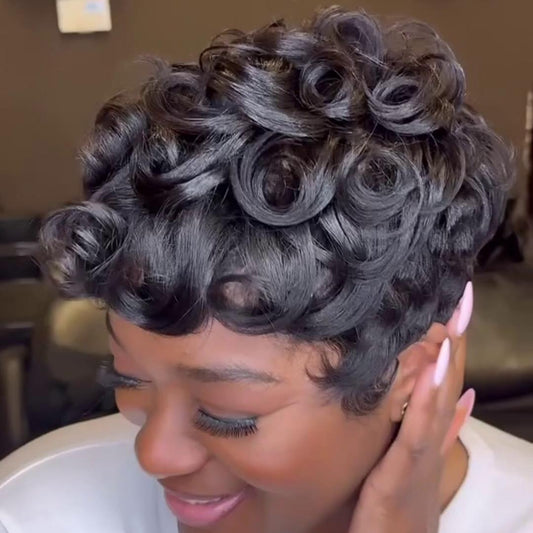 Full Lace Thick Spiral Curly Short Pixie Cut Glueless Wig