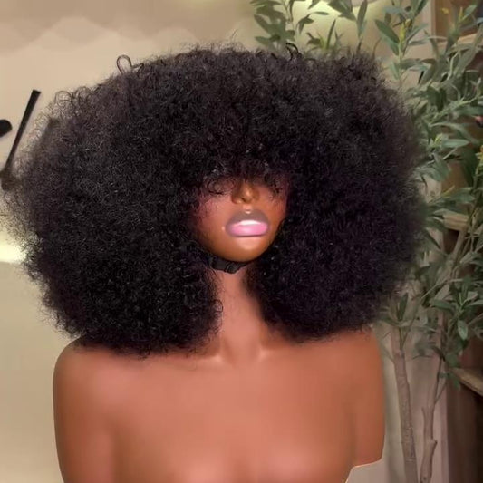 Put On & Go Voluminous  Afro Kinky Curly  Wig With Bangs