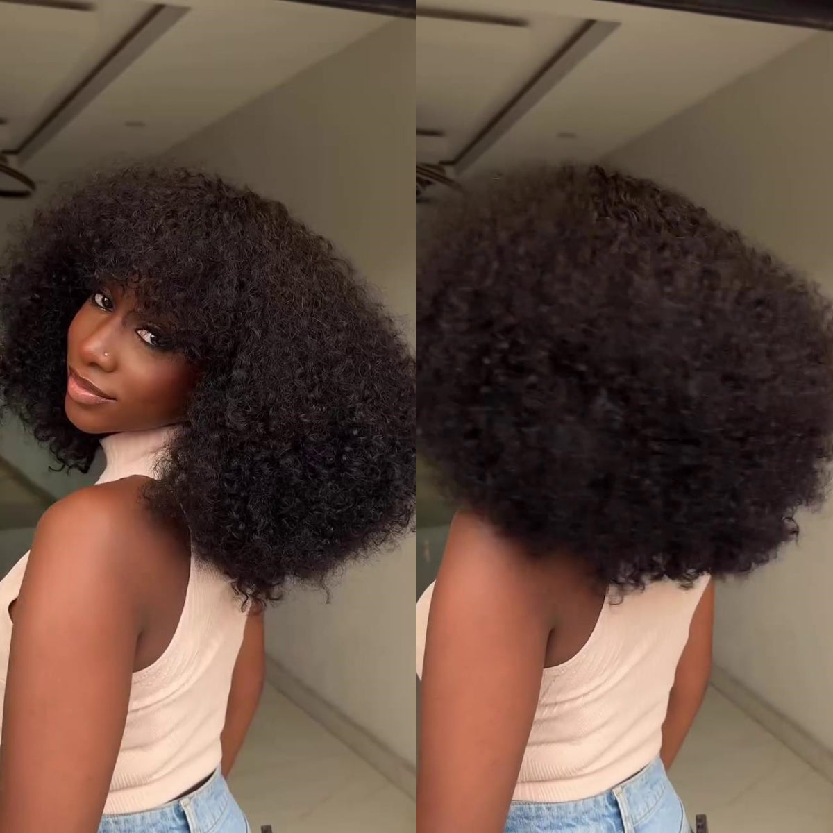 Put On & Go Voluminous  Afro Kinky Curly  Wig With Bangs