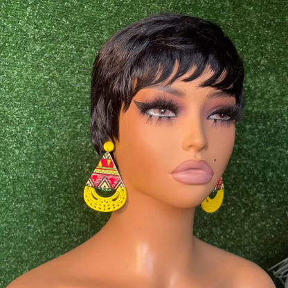 Full Lace Natural Black Short Pixie Cut Hair Wig With Bang