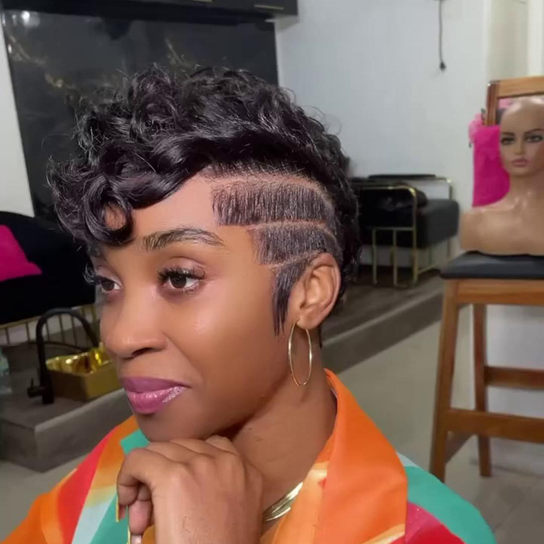 Full Lace Natural Black Pin Curly Finger Wave Short Glueless Pixie Wig