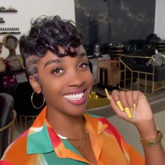 Full Lace Natural Black Pin Curly Finger Wave Short Glueless Pixie Wig