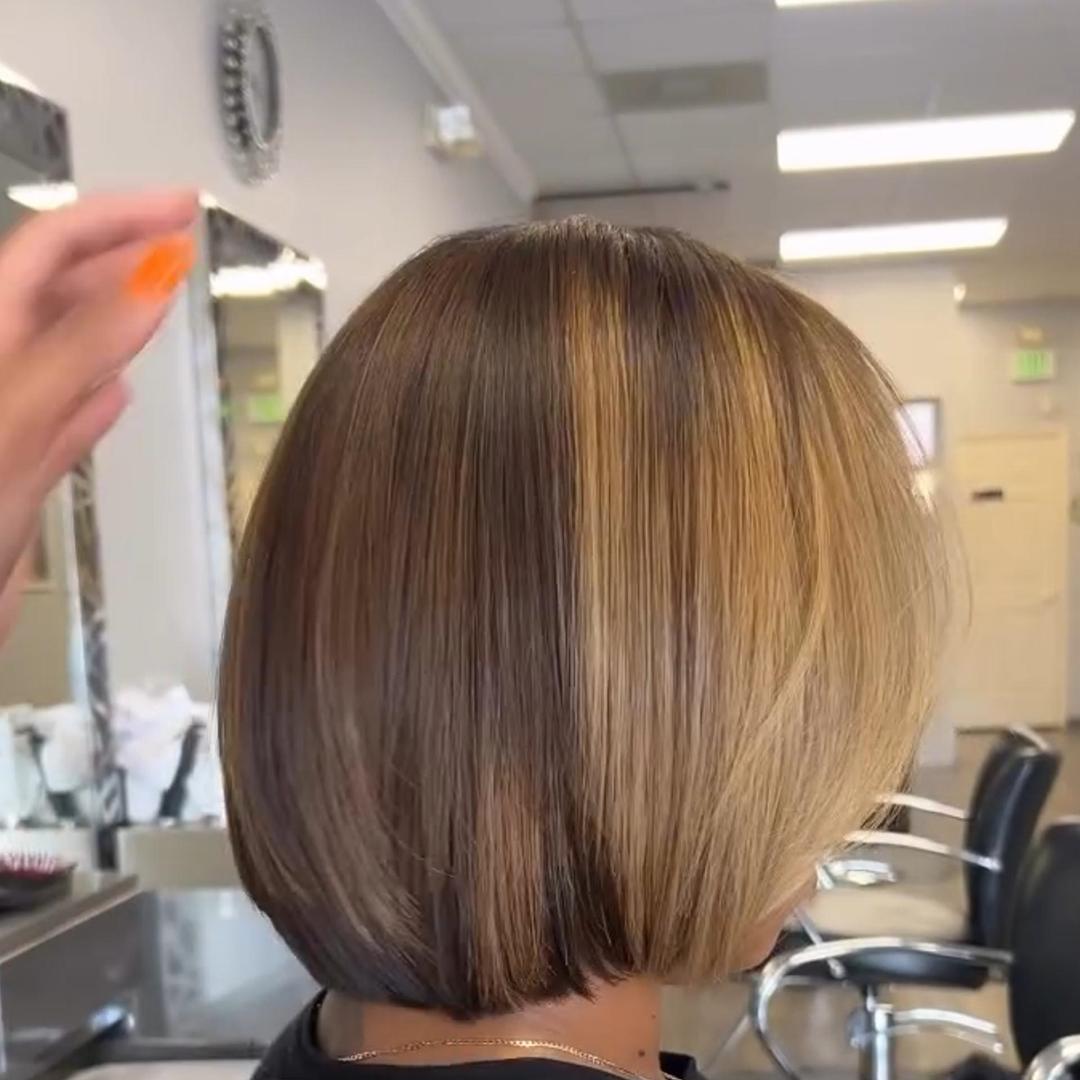 Blonde Highlight With Brown Root Silky Straight Bob