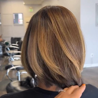 Blonde Highlight With Brown Root Silky Straight Bob
