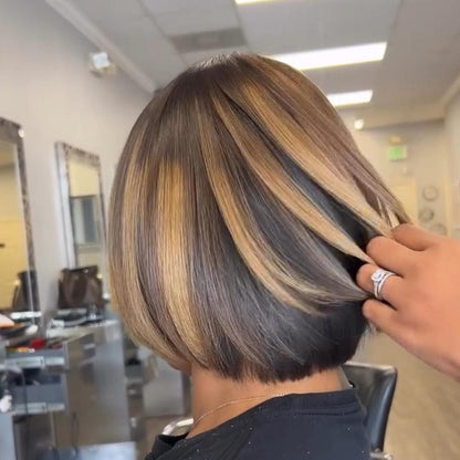 Blonde Highlight With Brown Root Silky Straight Bob