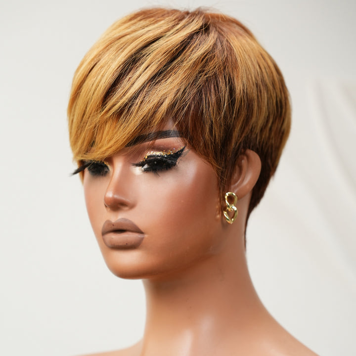 Blonde Brown Highlight Layered Pixie Cut Human Hair Wig With Bangs
