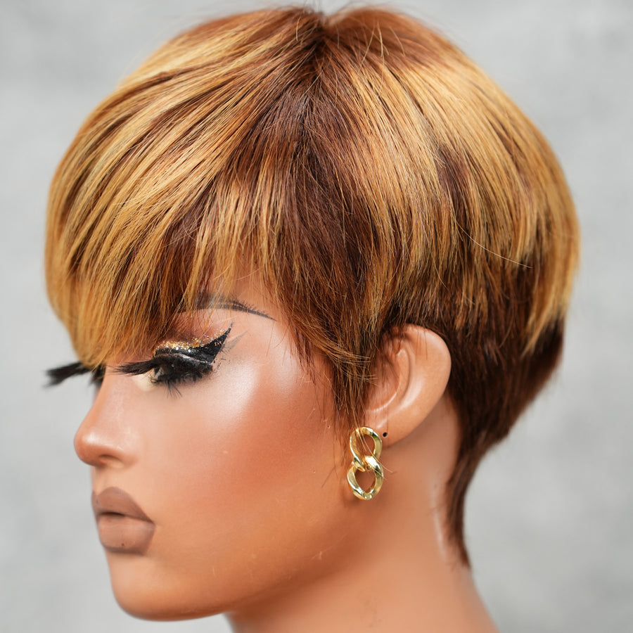 Blonde Brown Highlight Layered Pixie Cut Human Hair Wig With Bangs