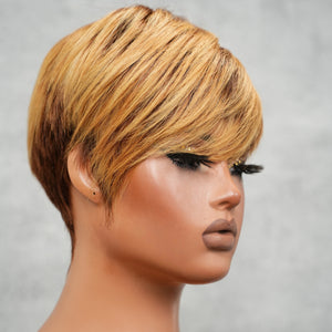 Blonde Brown Highlight Layered Pixie Cut Human Hair Wig With Bangs