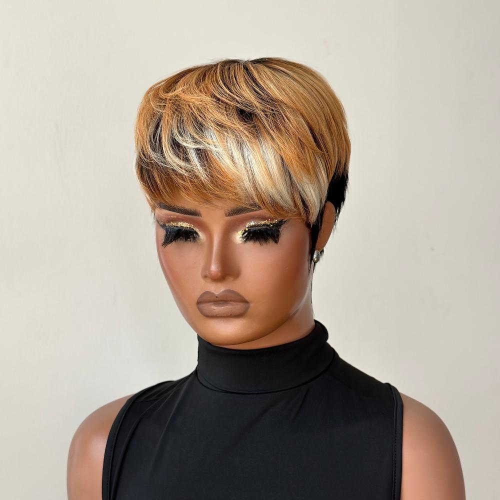 Honey Blonde Highlight Short Cut Glueless Bangs Wig