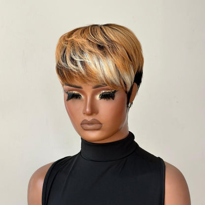 Honey Blonde Highlight Short Cut Glueless Bangs Wig
