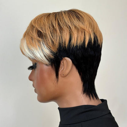 Honey Blonde Highlight Short Cut Glueless Bangs Wig