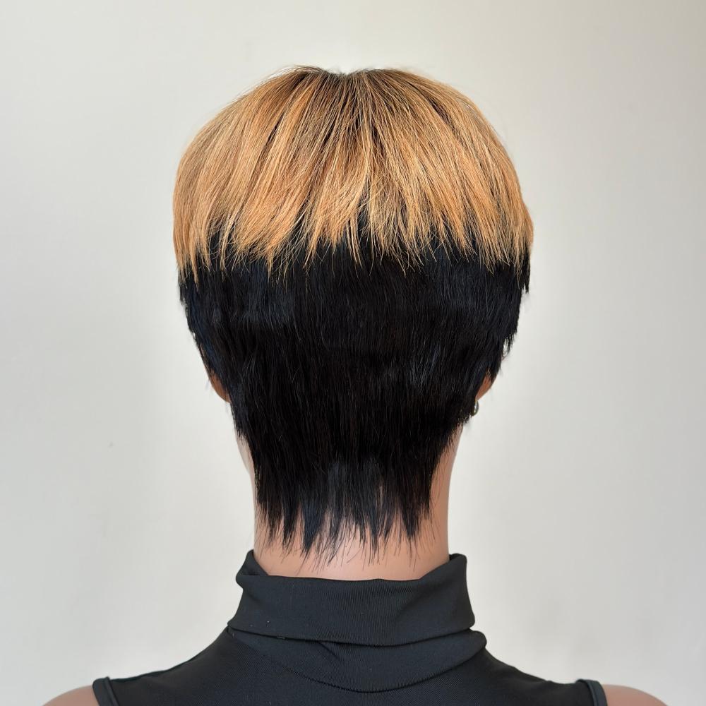 Honey Blonde Highlight Short Cut Glueless Bangs Wig