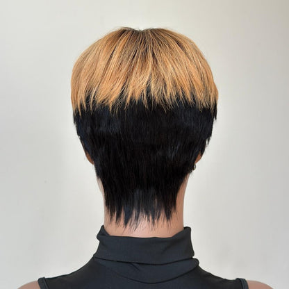 Honey Blonde Highlight Short Cut Glueless Bangs Wig