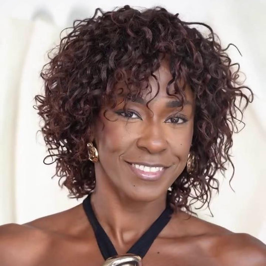 Put On & Go Voluminous Burgundy Brown Curly Bob Glueless Wig