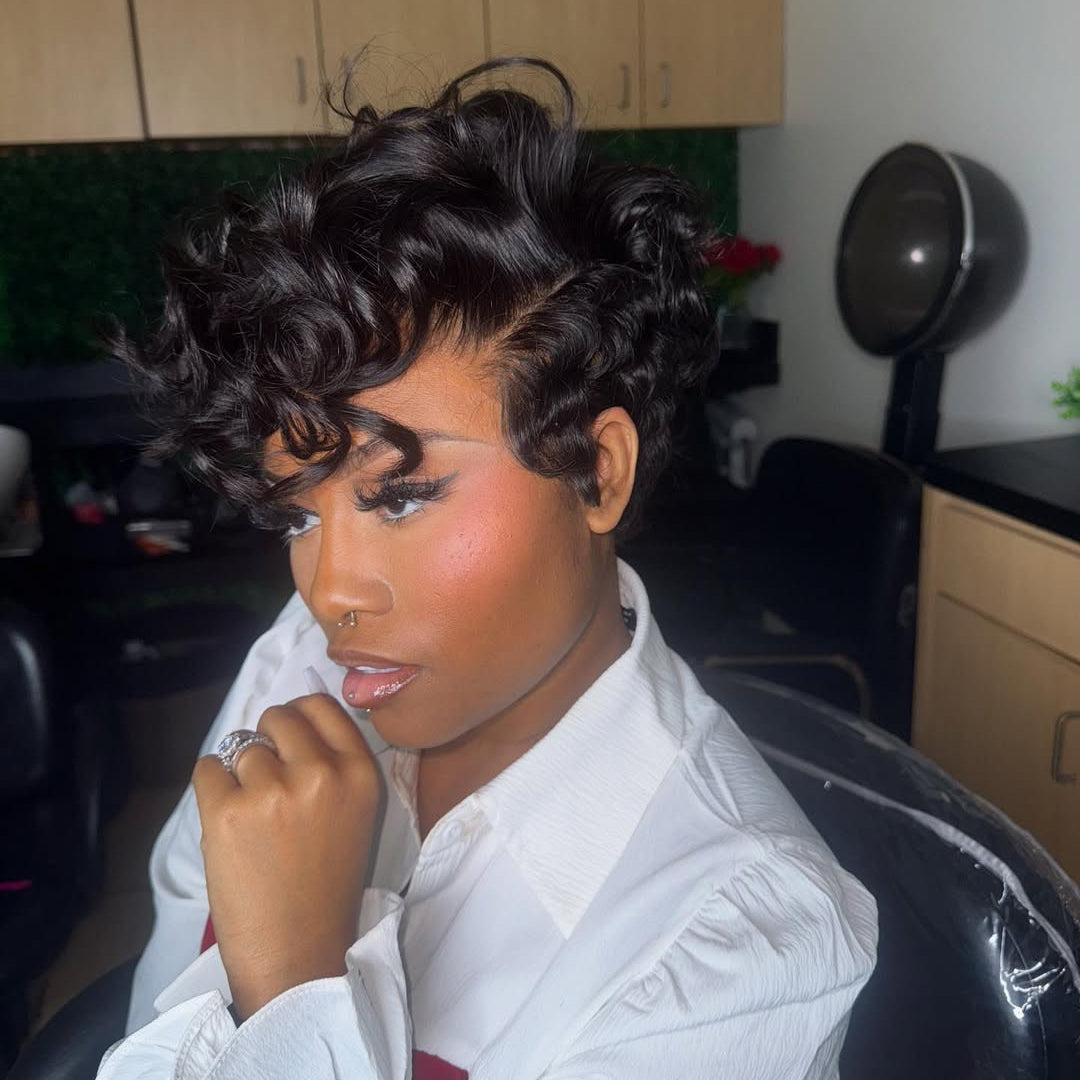 Full Lace Honey Blonde Highlighted/Black Pin Curly Finger Wave Short Glueless Wig