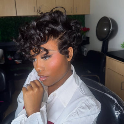 Full Lace Honey Blonde Highlighted/Black Pin Curly Finger Wave Short Glueless Wig