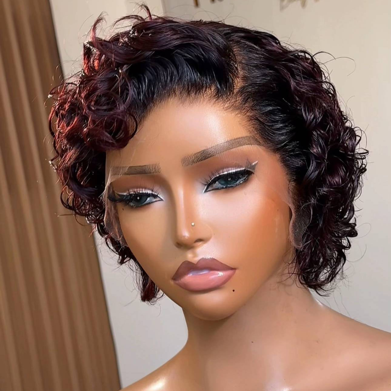 Natural Hairline Cruly Reddish Brown Pixie 13×4 Lace Frontal Wig