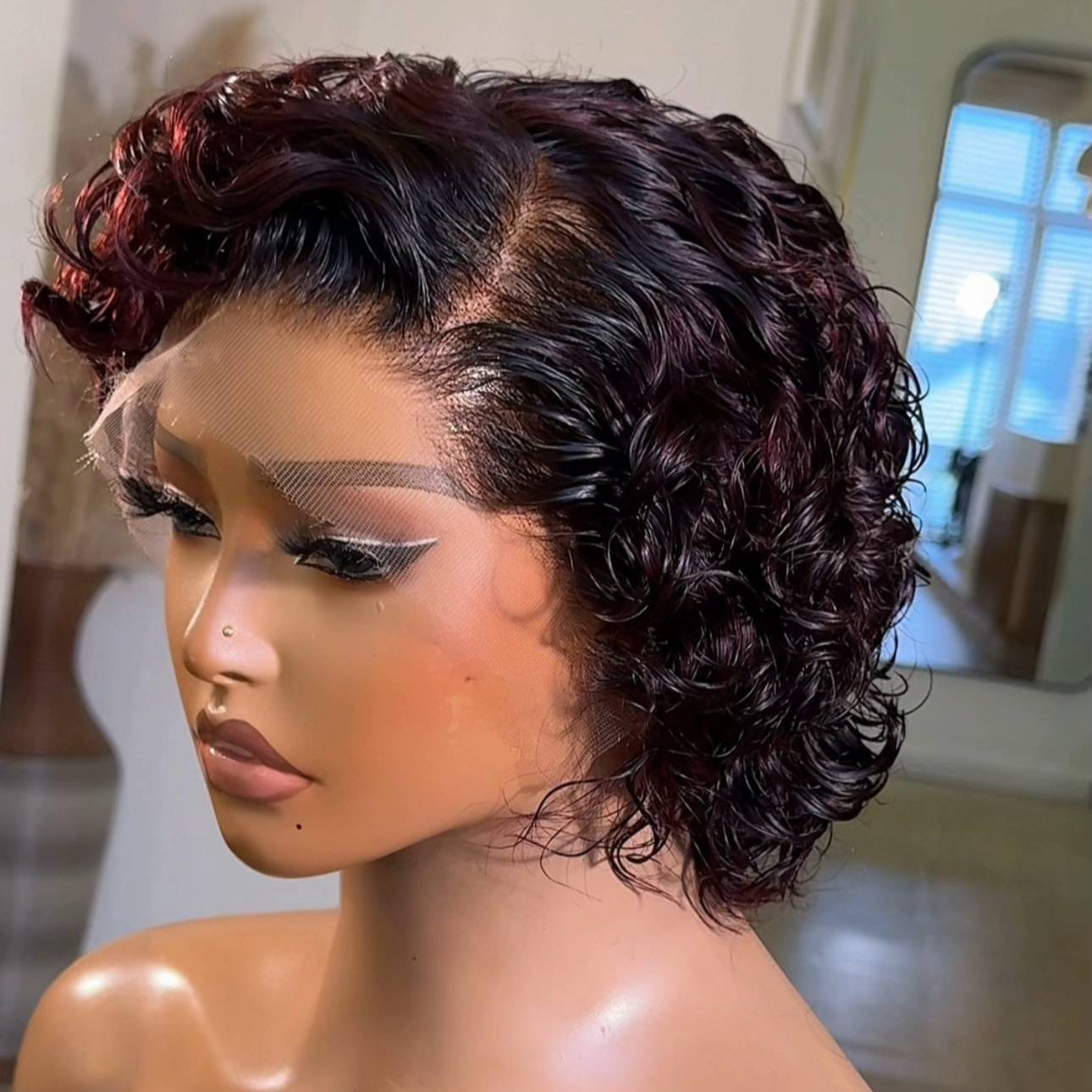 Natural Hairline Cruly Reddish Brown Pixie 13×4 Lace Frontal Wig