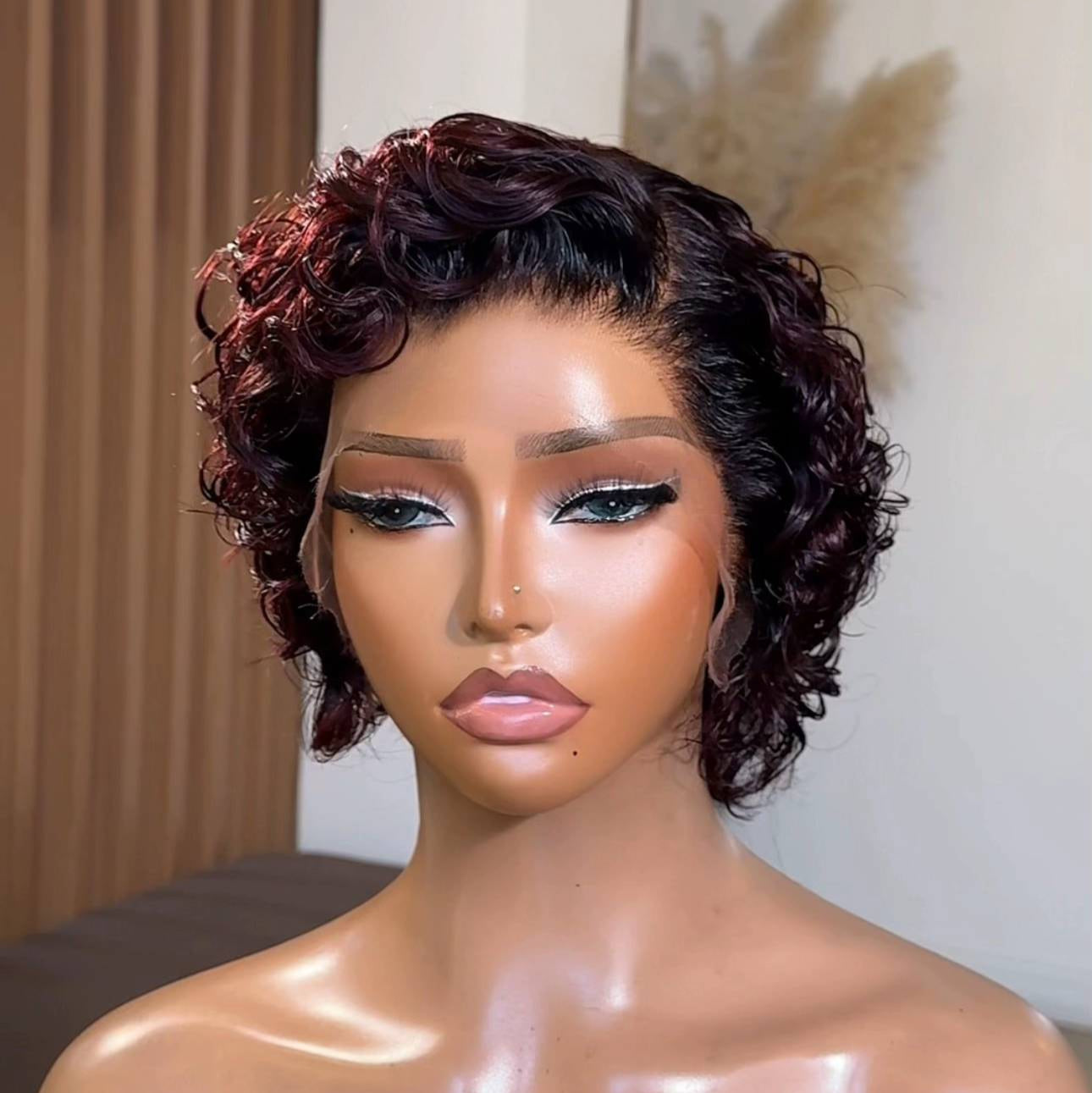 Natural Hairline Cruly Reddish Brown Pixie 13×4 Lace Frontal Wig