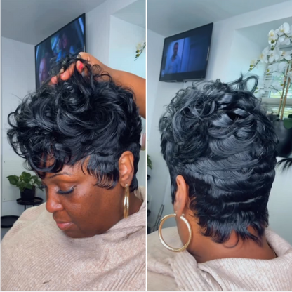 Natural Black Put on  & Go Layered Cut Short Weave Pixie Wig