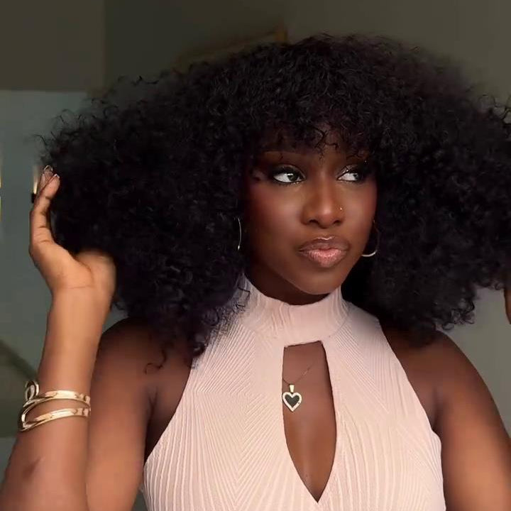 Put On & Go Voluminous  Afro Kinky Curly  Wig With Bangs