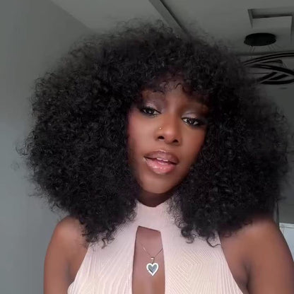 Put On & Go Voluminous  Afro Kinky Curly  Wig With Bangs