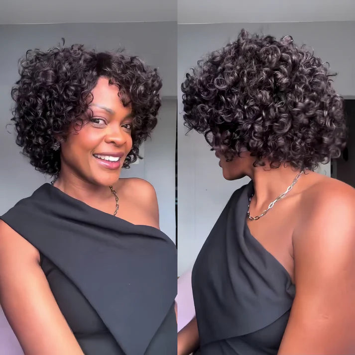 Put on & Go Voluminous Short Cut Curly Bob Wig 100% Human Hair