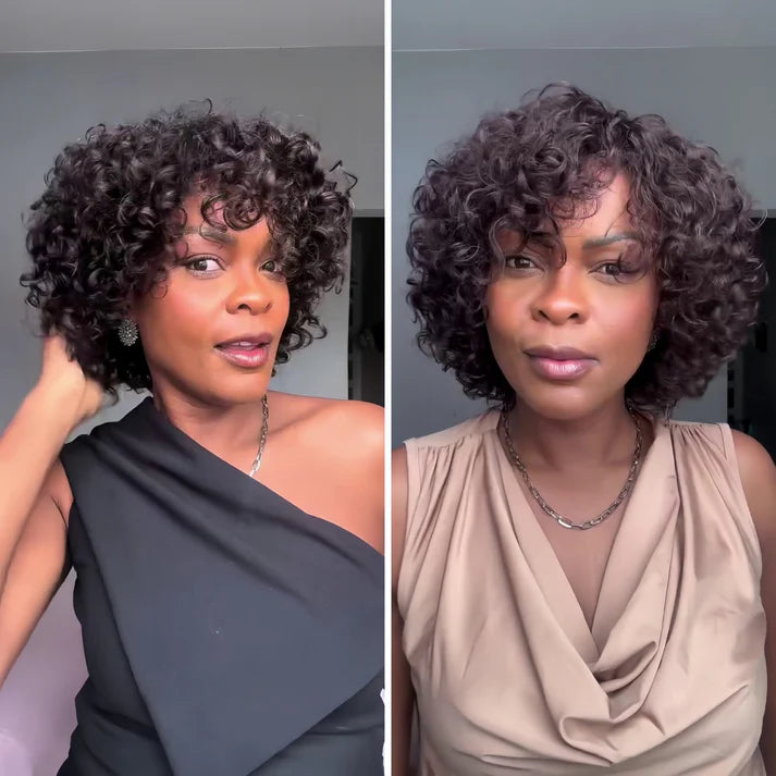 Put on & Go Voluminous Short Cut Curly Bob Wig 100% Human Hair