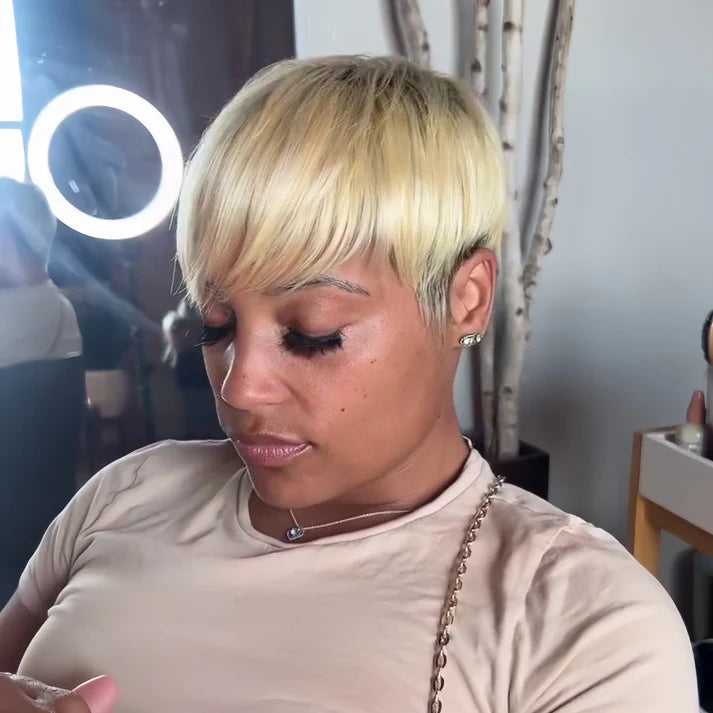 Blonde Highlight with Dark Roots Layered  Short Pixie Wig With Bangs